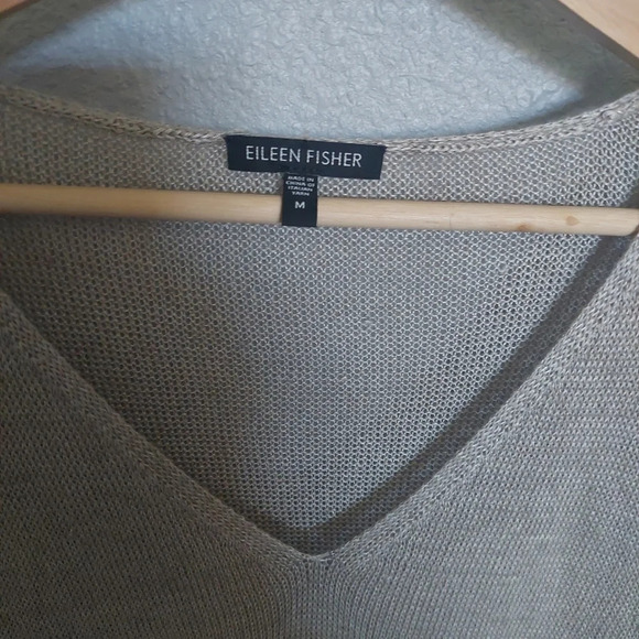 Eileen Fisher Linen Crocheted trim Lagenlook Tan open Knit Blouse Medium - Picture 4 of 9